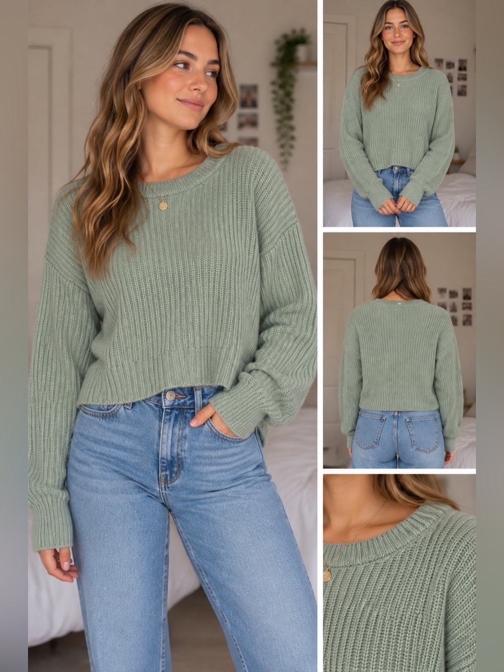 Poof! Ribbed Crewneck Sweater in Light Sage